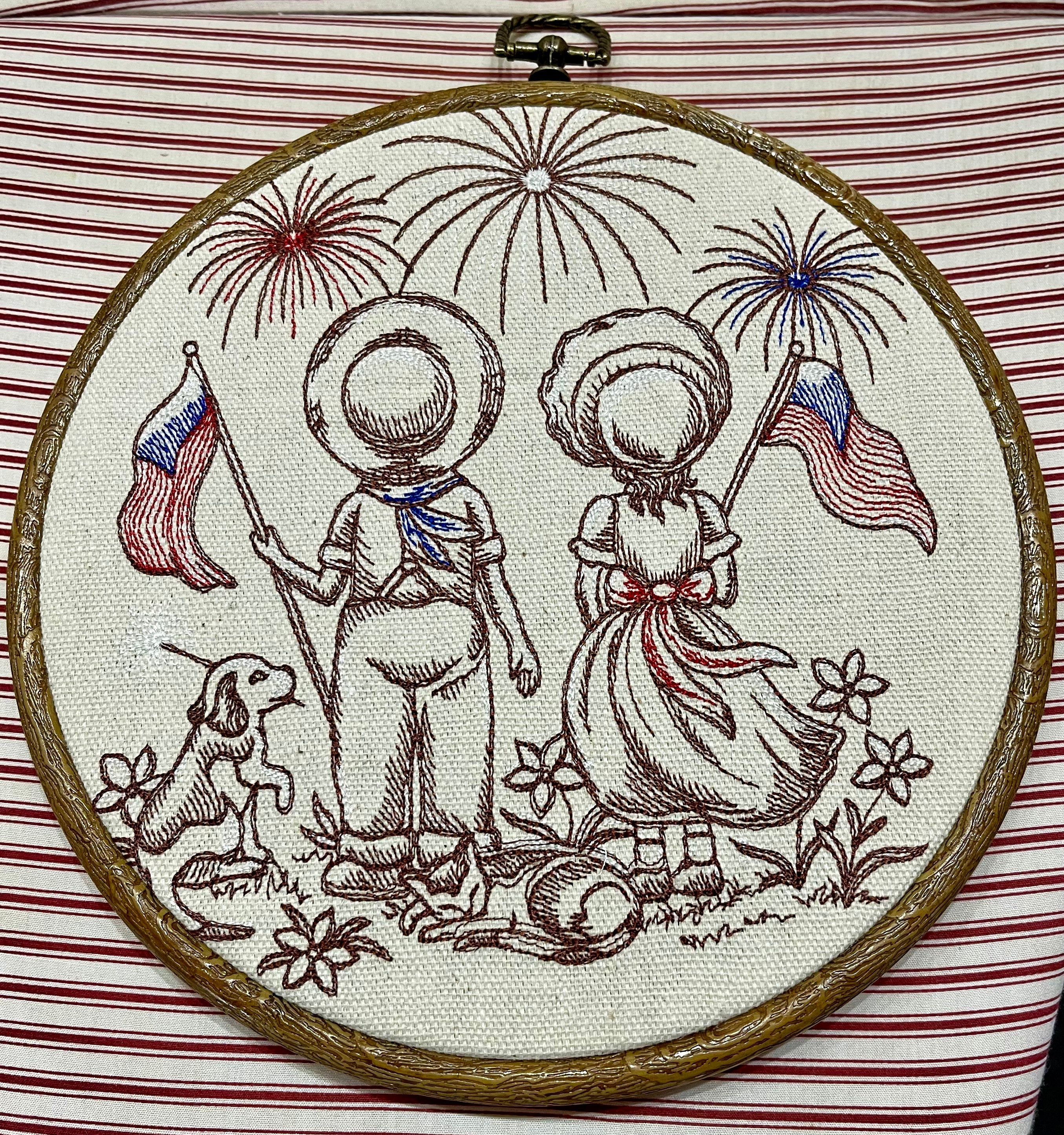 Vintage Boy & Girl 4th of July Embroidered Wall Art