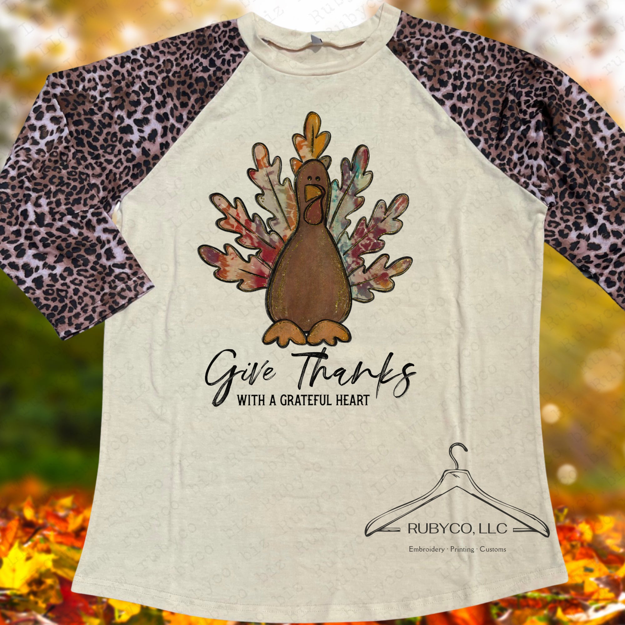 Give Thanks Turkey - Ladies Fit Leopard Raglan T-shirt