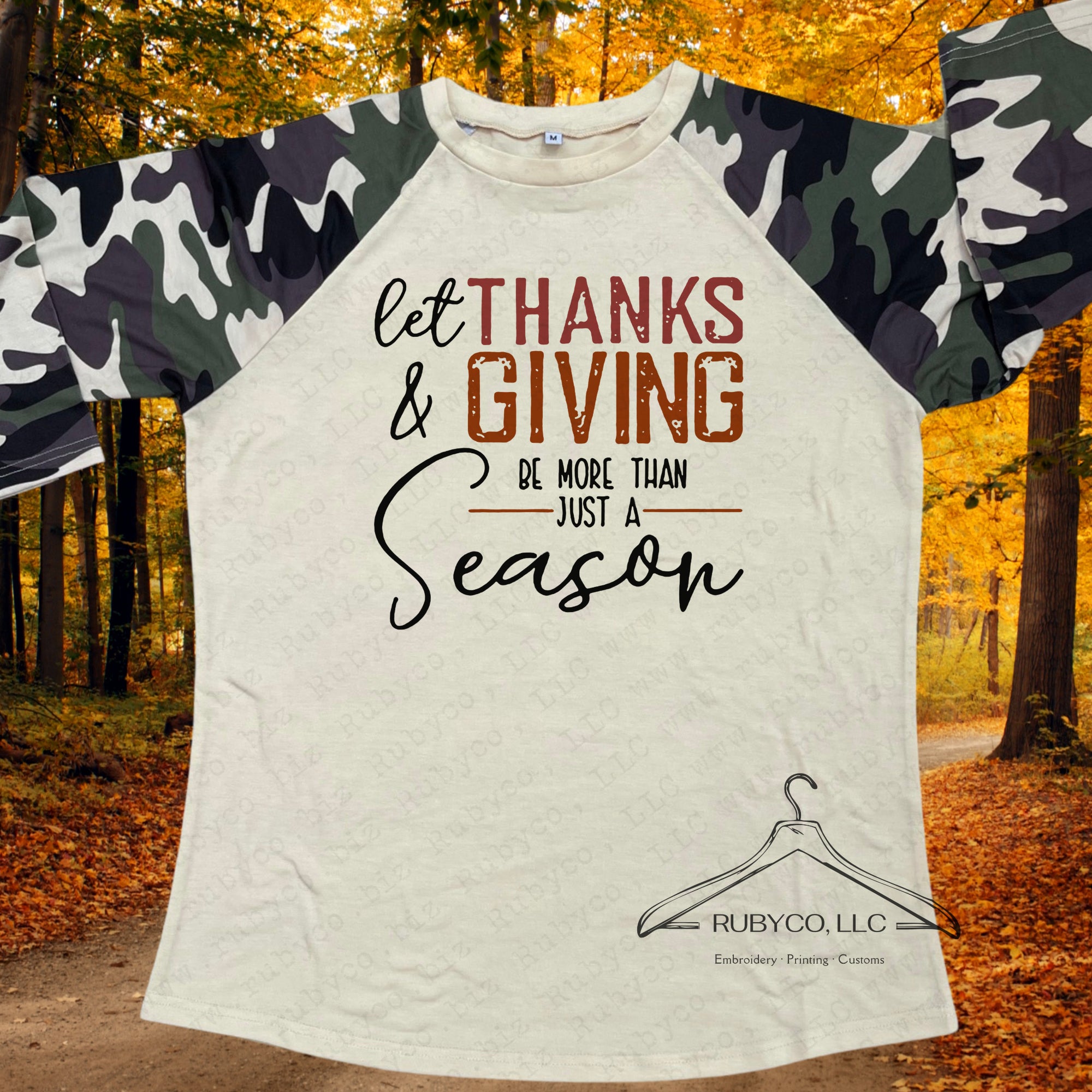 Let Thanks & Giving - Ladies Fit Camo Raglan T-shirt