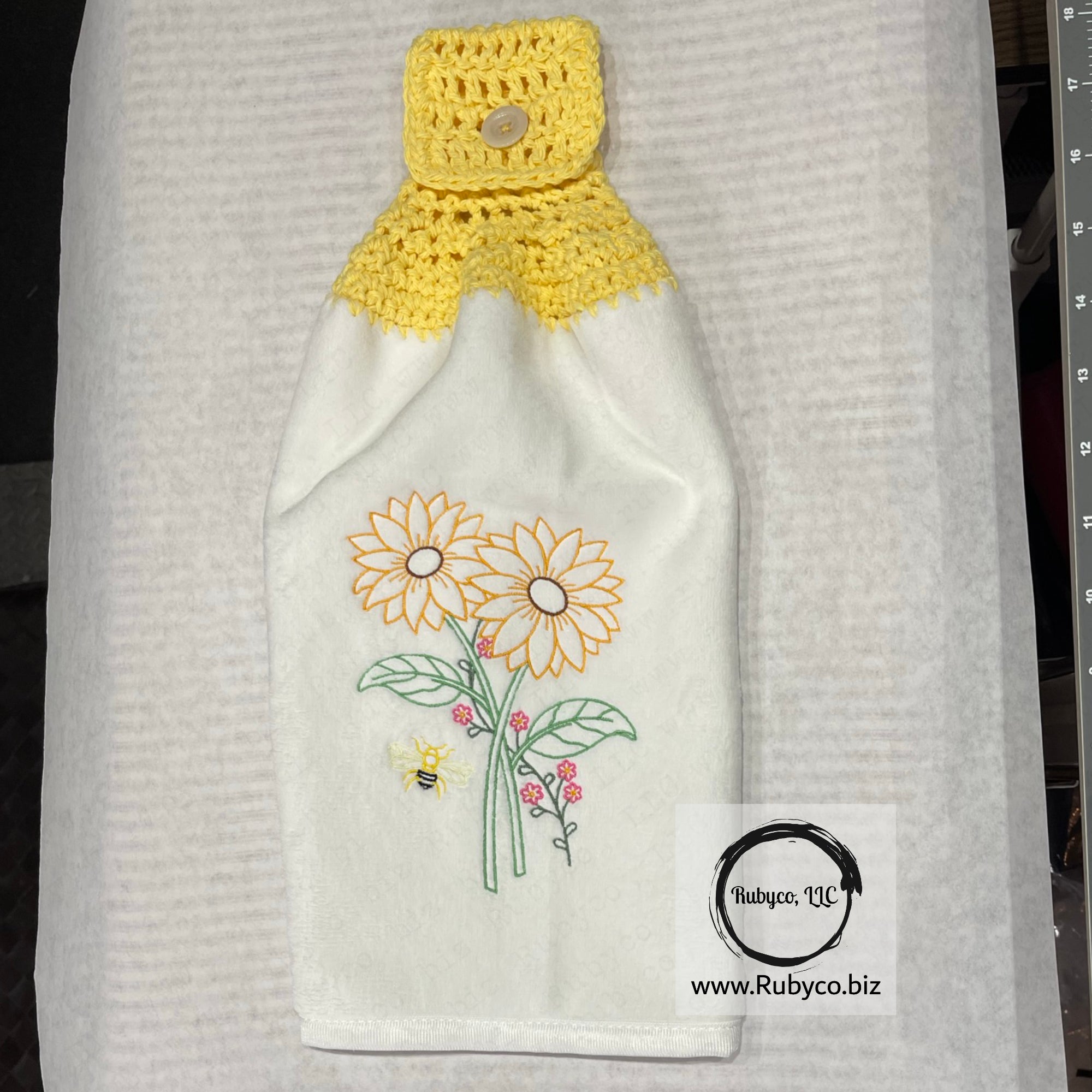 Embroidered Flowers and Bee Towel with Crochet Topper