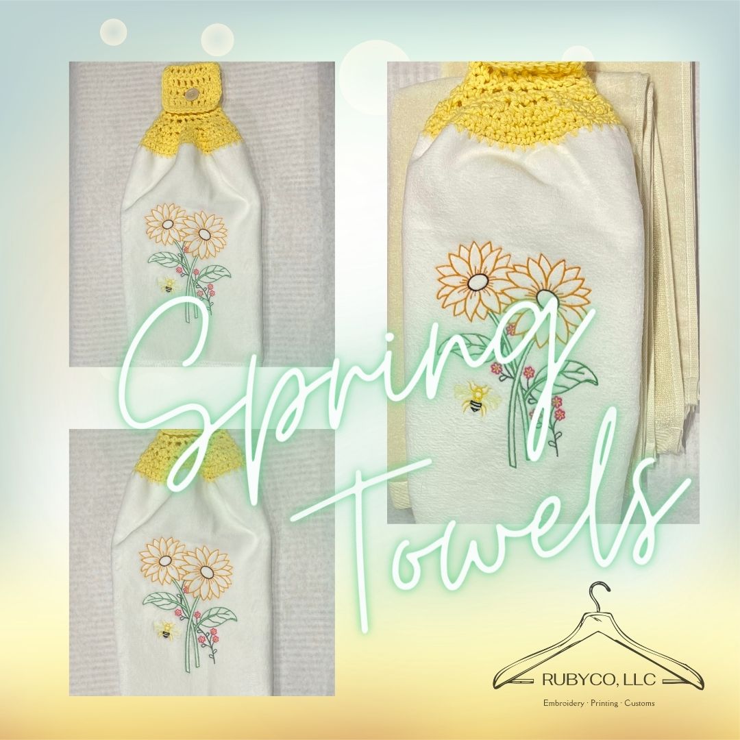 Embroidered Flowers and Bee Towel with Crochet Topper